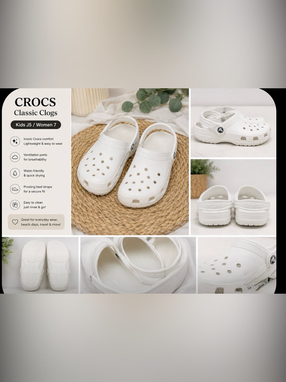🔥 White Crocs Classic Clogs Size J5 Kids / Women 7 | EXCELLENT CONDITION ✨